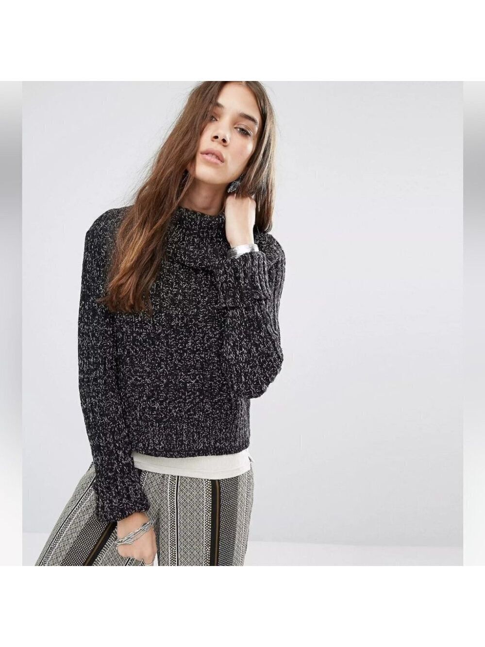 ** Free People Black Marled Twisted Cable Knit Jumper With Roll Neck Size M